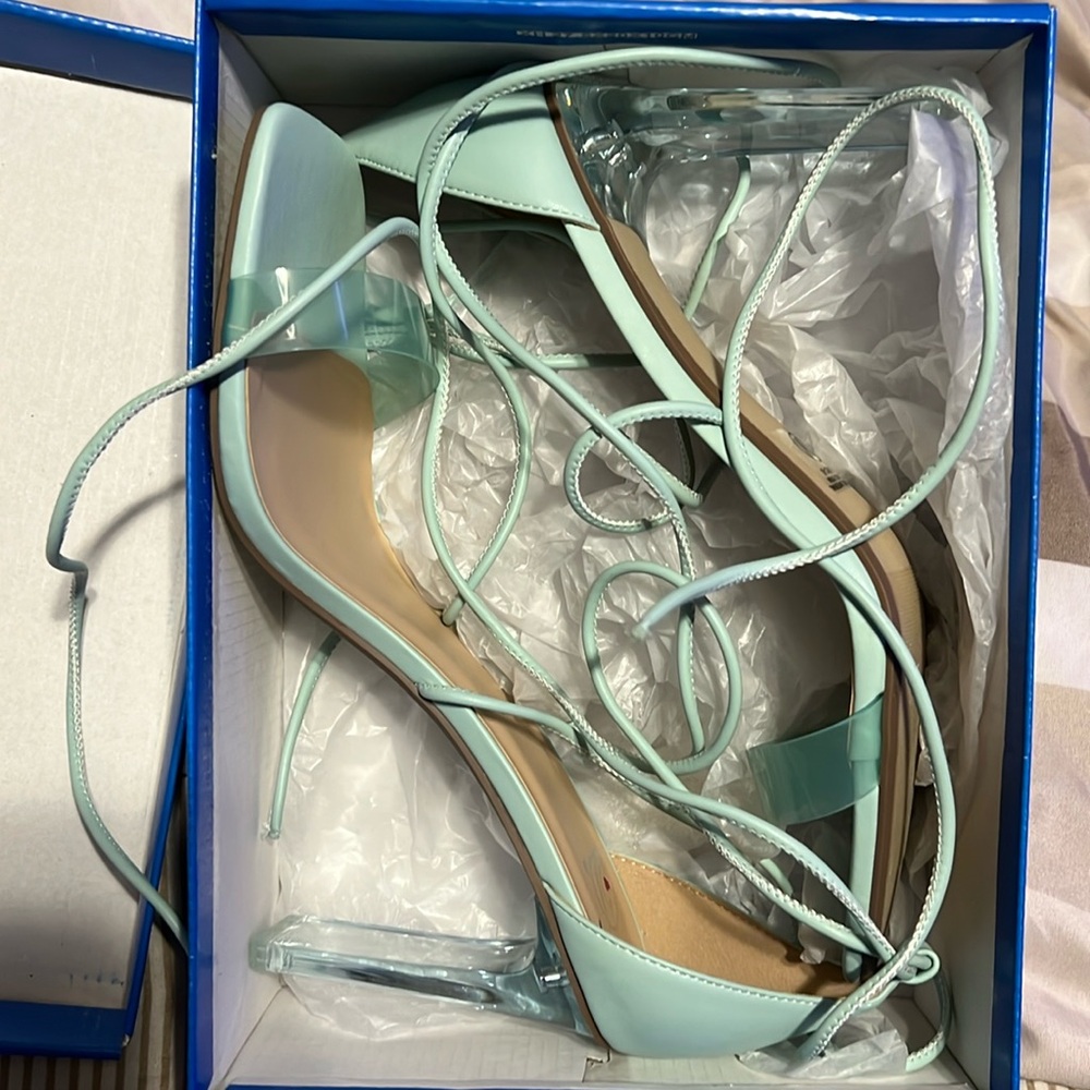 Brand new in the box color Jade Lucite size 12 heel with straps that tie up
